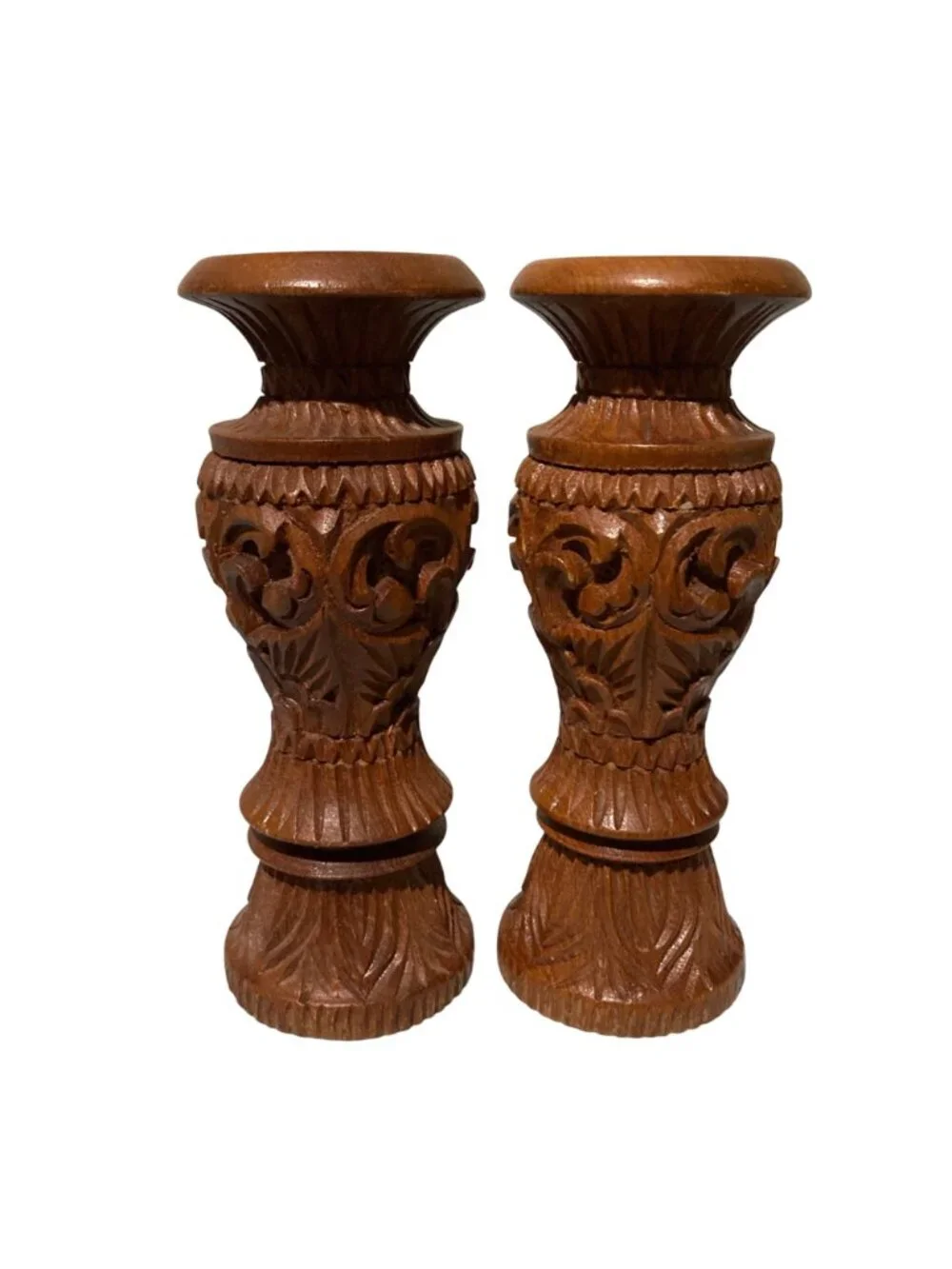 Vintage Hand-Carved Teak Wood Candle Holders